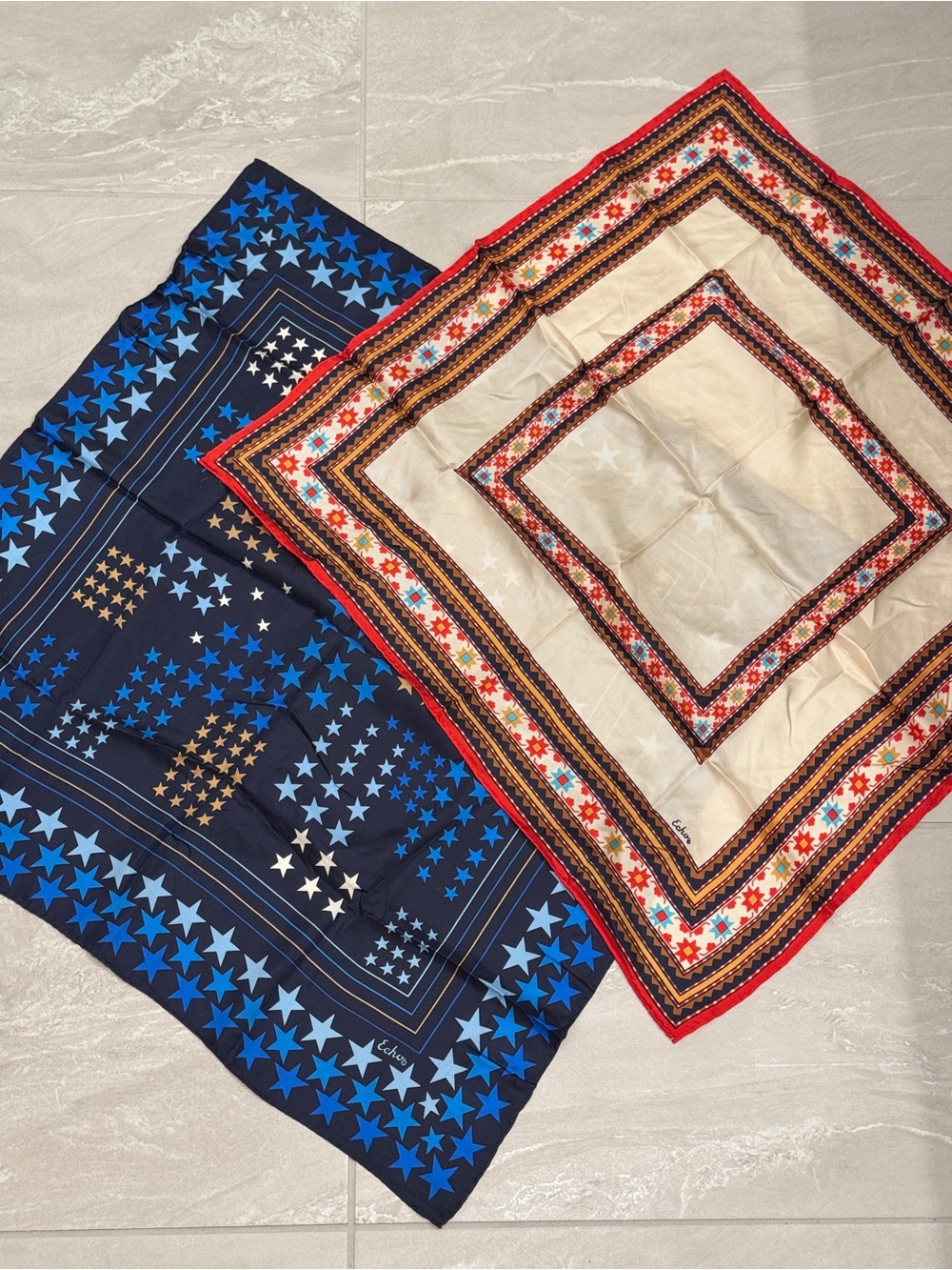 Echo Blue Star & Cream Geometric Border Silk Scarves Hair Wrap Purse Strap Decor